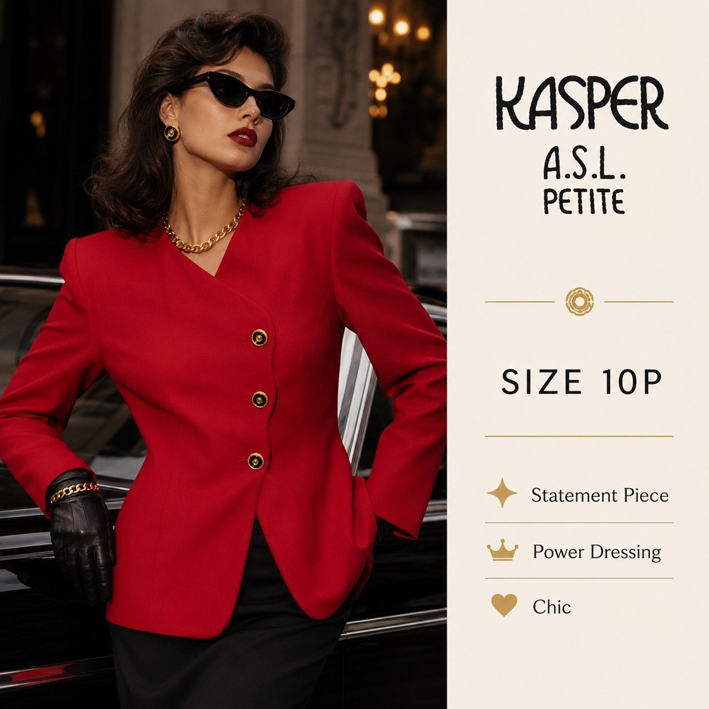 Kasper ASL Blazer Womens 10P Red Solid‎ Tailored 90s Asymmetrical Scalloped Vtg